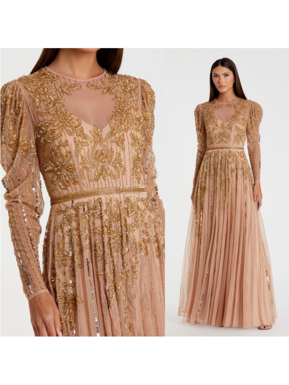 Mac Duggal NEW Beaded Illusion Puff‎ Sleeve Gown Size Nude Gold $598 - Size 20